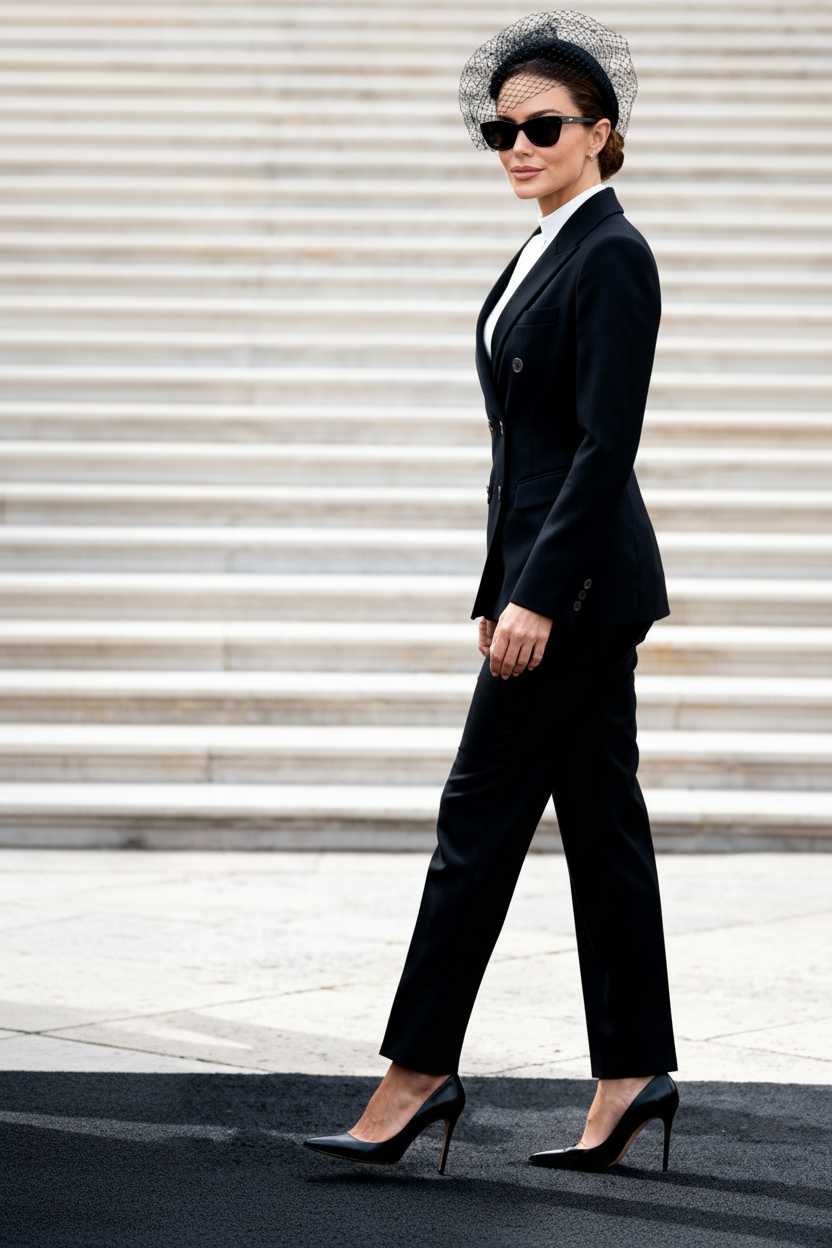 Double breasted pantsuit or skirt suit in black