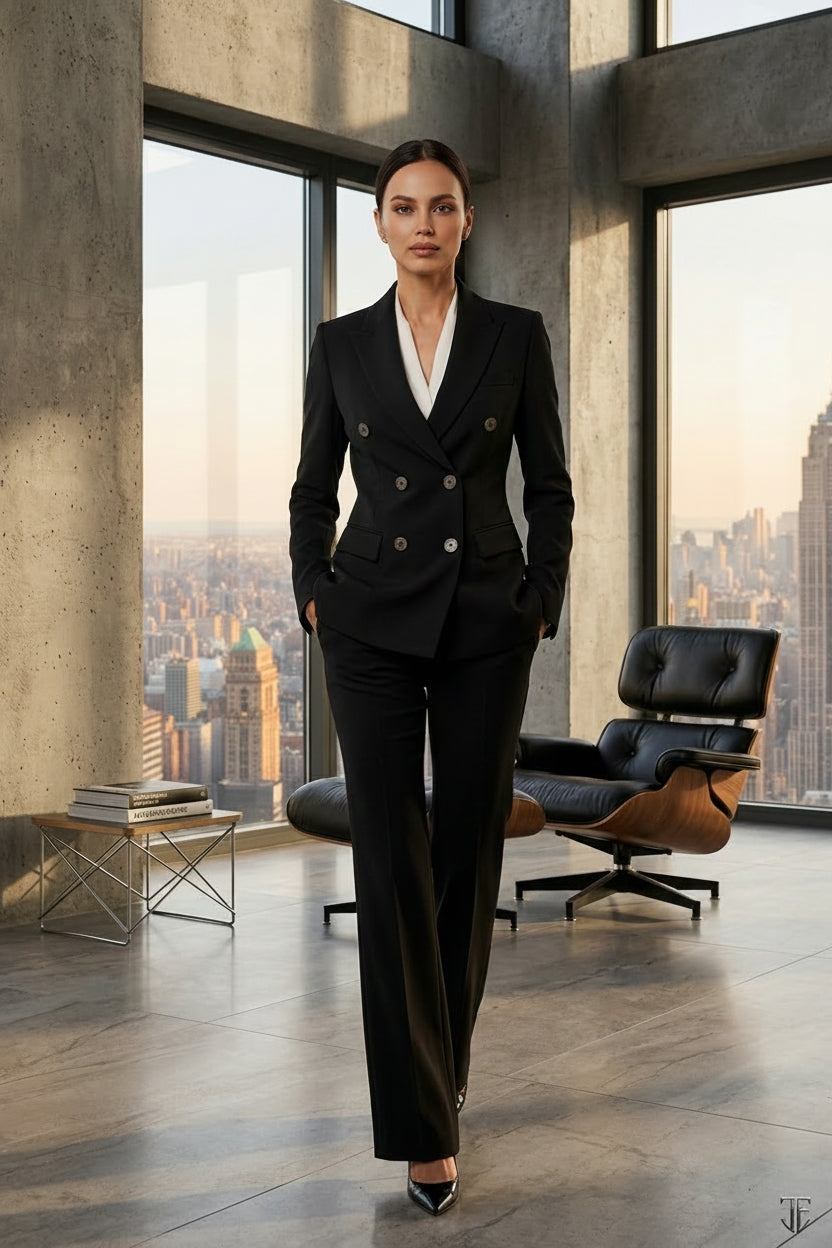 Double breasted pantsuit or skirt suit in black