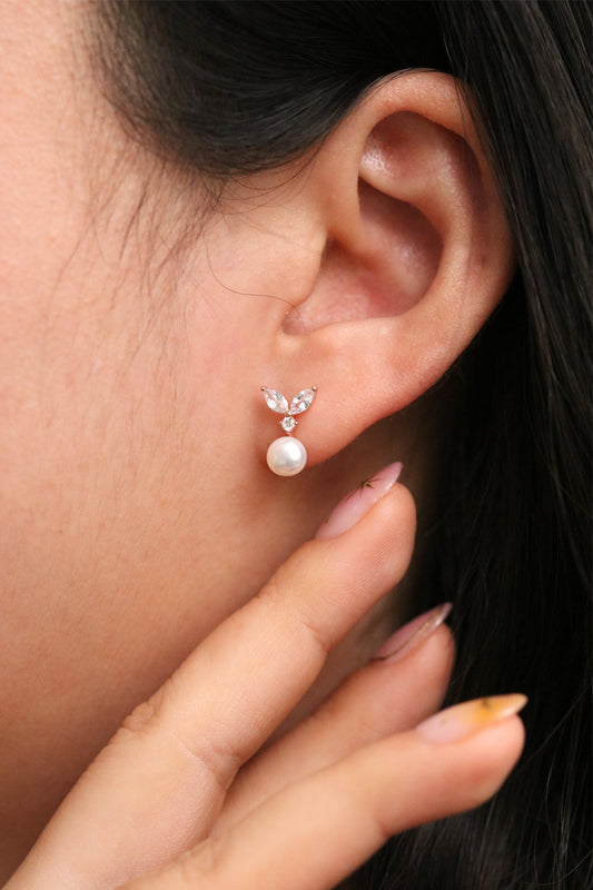 Sterling Silver Cubic Leaf Pearl Drop Earrings – Elegant Dangle Earrings for Women