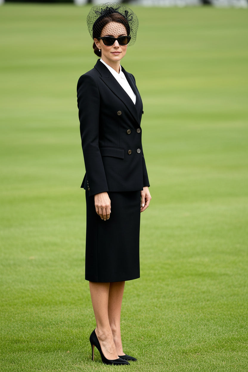 Double breasted pantsuit or skirt suit in black