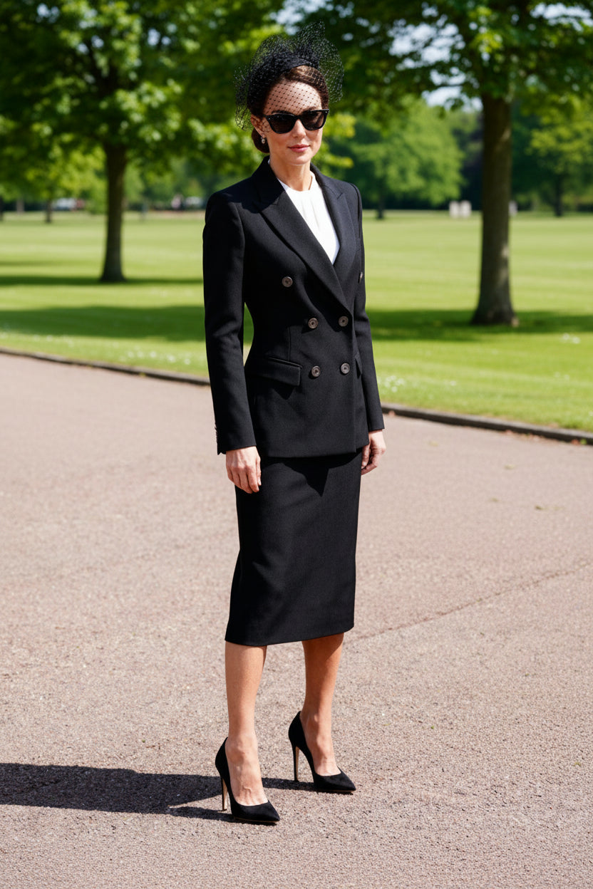Double breasted pantsuit or skirt suit in black
